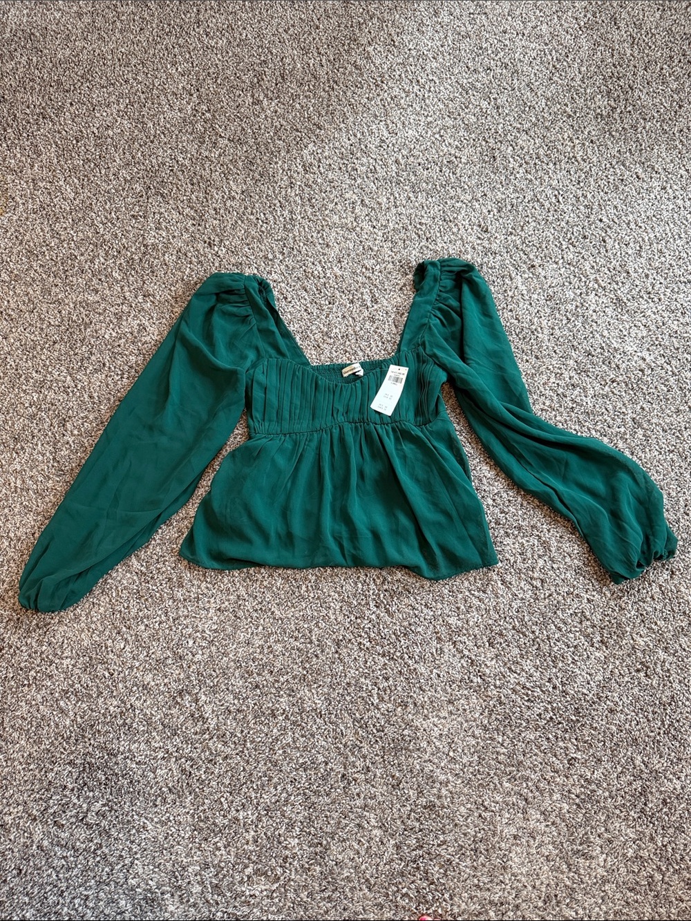 NWT Abercrombie & Fitch Emerald Green Long Sleeve Smocked Peasant Blouse Size XS